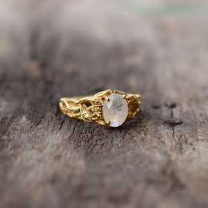 Nature Inspired Oval Moonstone Ring 925 Sterling Silver 14K Gold Plated Leaf Midi Ring Blue Fire Valentine Gift - Product Image 5