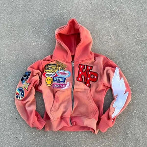 Print Retro Wash Embroidered Enzyme Techniques Zipper OEM Custom Vintage Zip Acid Wash Cropped Hoodies French Terry Black Scree - Product Image 4