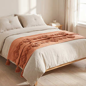 Premium Rust Tufted Woven Blanket Heavy Tassel Slub Cotton <b>Bed</b> <b>Throw</b> Artisan Boho Furnishing - Product Image 4