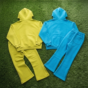 Conjunto de Chándal de Algodón Grueso con Cremallera, Sudadera con Capucha de Forro Polar Pesado con Cremallera, Pantalones de Chándal Acampanados, Chándales de Forro Polar 100% Algodón Unisex - Product Image 2