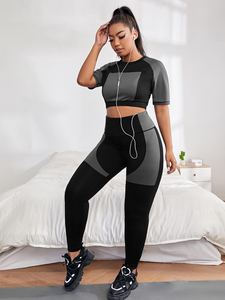 Conjunto Deportivo de 2 Piezas para Mujer, Bloques de Color, Tejido de Punto, Spandex, Poliéster, Shorts, Top, Leggings Largos, Transpirable, Cuello Redondo, Ajuste Ceñido - Product Image 2