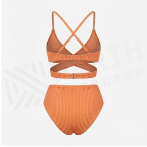 Orange Ribbed 2 Piece Bikini Set <b>Crossed</b> Halter <b>Top</b> High Waist Bottom Women Swimwear - Product Image 2
