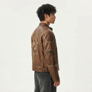 Blouson Moto Homme en Cuir Marron 68 Road avec Patch Brodé, Col Montant, Fermeture Éclair, Style Automne, Doublure en Polyester - Product Image 3