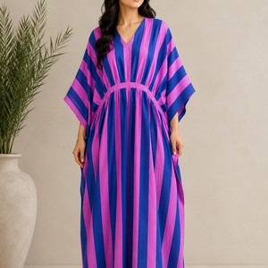 Indian Cotton Handmade Bohemian Striped V-neck Asymmetrical Hem Floor-Length A-Line <b>Kaftan</b> Maxi Dress <b>for</b> <b>Women</b> Breathable - Product Image 1