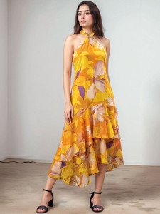 Vestido Midi Largo Formal para Mujer, Diseño Floral, Algodón, Personalizado, Sin Mangas, 100% Algodón Georgette, Natural, Ecológico, para Fiesta - Product Image 4