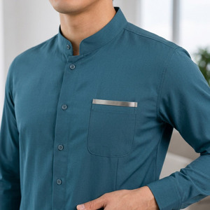 Camisa de cuello mandarín color verde azulado para hombre, de algodón transpirable, uniforme con bolsillo en el pecho, sin costuras, con detección de aguja sin costuras. - Product Image 6