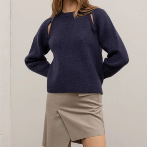 Pull en tricot bleu foncé avec découpes aux épaules, manches classiques, couleur unie, pull-over, mode automne pour femmes - Product Image 1