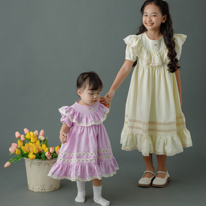 Otoño diseño cuello redondo bebé niñas vestido amarillo 100% algodón púrpura flor bordado Mini Halter Babydoll Stock personalizado ODM suministro - Product Image 6