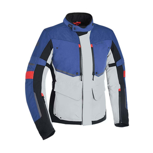 Blouson de moto pour homme, coupe-vent, toutes saisons, avec blocs de couleur, fermeture éclair intégrale, bleu, gris, noir, accents rouges - Product Image 1