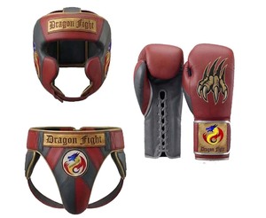 Ensemble de boxe DF-BSArg1 - Casque XL 16 oz, protège-guêtres rouge et gris en cuir véritable, équipement d'entraînement pour sparring, MMA, Muay Thai, Kickboxing, adulte - Product Image 1