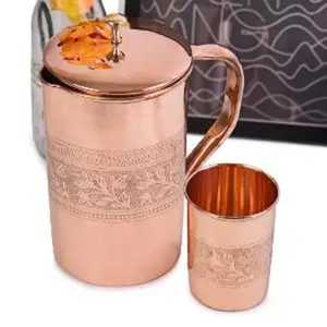 Handcrafted Polished Copper Water Pitcher – <b>Tall</b> Cylindrical Design with Wide Spout & Curved Handle Traditional Drinkware - Product Image 4