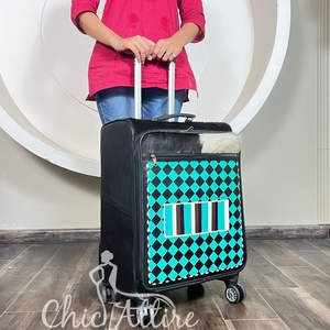 Latest Design Hair-On Cowhide Turquoise Checkered Travel Suitcase Handmade Leather <b>Wheel</b> <b>Trolley</b> Luggage Business Travel Bag - Product Image 1