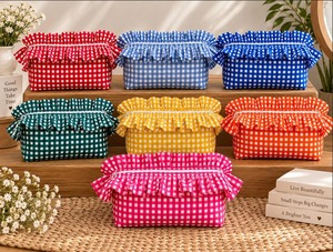 Lovely Gingham Check Cosmetic <b>Bag</b> With Ruffle Zipper Closure Multi-Function Makeup Organizer Cotton Fabric Medium Size - Product Image 1