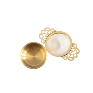 Brass <b>Tea</b> Strainers Floral Design Handle Push Button <b>Tea</b> <b>Infuser</b> Deluxe Quality Brass Mesh Wire <b>Tea</b> <b>Infuser</b> Gold Color Plated - Product Image 3