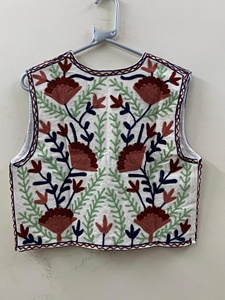 Suzani Embroidered Beaded Breathable Cotton Boho Floral V-neck Single Button Short <b>Women's</b> Vintage Vest - Product Image 3