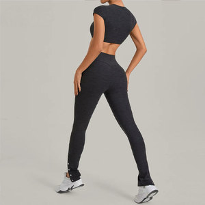 Women 2 Piece Yoga Set V Neck Crop Top High Waist <b>Leggings</b> Solid Color Breathable Spandex/Nylon Front Logo Workout Wear - Product Image 3