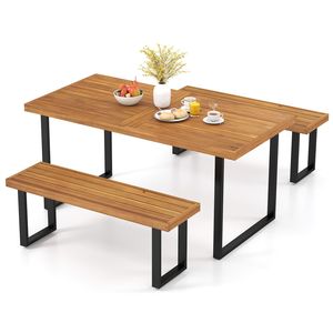 Ensemble de table à manger de patio en 3 pièces, table rectangulaire de 63 pieds et 2 bancs sans dossier - Product Image 1