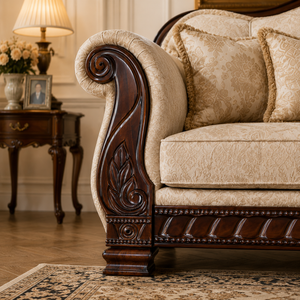 Custom Upholstered <b>Sofa</b> Solid <b>Wood</b> Front <b>Frame</b> Decorative Side Panels Exposed <b>Wood</b> Furniture Components Factory Direct - Product Image 1
