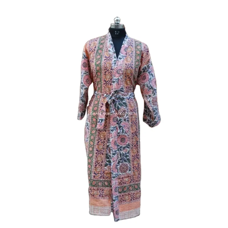 Çok renkli çiçek el bloğu baskı Kimono toptan hint pamuk bornoz el yapımı Maxi elbise elbise tarzı Kantha pijama