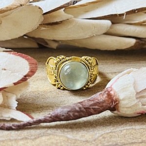 New Arrival Prehnite Brass <b>Ring</b> 18k Gold Plated <b>Statement</b> Leaf Texture <b>Ring</b> Vintage Style Filigree Design Wholesale Womens <b>Ring</b> - Product Image 1