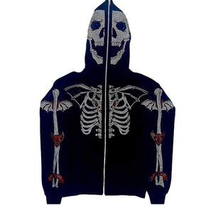 Men's <b>Gothic</b> Rhinestone <b>Hoodie</b> Skeleton Print Oversized Zippered Sweatshirt Regular Fit Knitted Polyester Autumn Style - Product Image 4