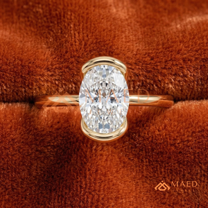 4K Yellow Gold Half-Bezel Oval <b>Solitaire</b> <b>Ring</b> – Modern Floating Diamond Band Yellow Gold Over <b>Silver</b> Oval Cut Semi-Bezel <b>Ring</b> - Product Image 1