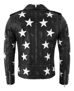 Veste de motard personnalisée en cuir Napa véritable noir à 100% avec étoiles blanches, veste en cuir ajustée de style moto vintage BRANDO pour hommes - Product Image 3