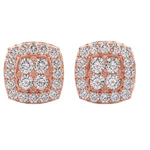 Premium cushion halo diamond <b>stud</b> earrings in 18K rose gold with clustered round center and double halo setting for bold brillia - Product Image 1