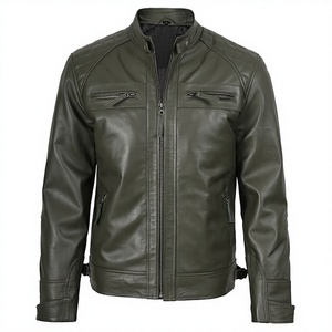 Veste de moto pour homme en cuir PU vert olive, toile écologique, imperméable, col rabattu, fermeture éclair, coupe ajustée, couleur unie - Product Image 1