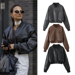 Chaqueta Bomber de Cuero Genuino para Mujer, Manga Larga, Cierre de Cremallera, Cuello Alto, Color Sólido, Corte Corto, para Otoño - Product Image 1