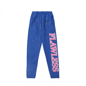 Pantalon de jogging décontracté pour homme en coton 100% bleu impeccable, taille haute, respirant, avec lettrage rose et imprimé étoiles, taille élastique - Product Image 1