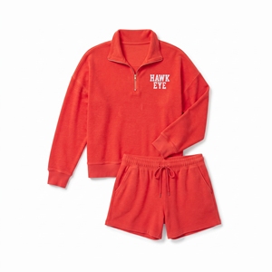 Conjunto de Sudadera y Pantalones Cortos de Forro Polar Rojo para Mujer con Cuello Vuelto y Cierre de Cremallera, Hombros Caídos, Estilo Casual para Descansar - Product Image 3