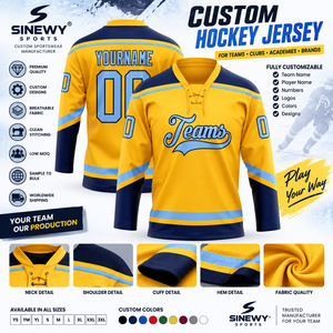 SINEWY SPORTS Maillot de Hockey sur Glace Personnalisé Jaune Bleu Sublimé Col Rond Manches Longues Anti-Transpiration Respirant à Capuche Adulte Unisexe - Product Image 6