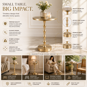 Modern <b>Gold</b> Metal Round <b>Side</b> <b>Table</b> with Sculpted Pedestal Base, Accent End <b>Table</b> for Living Room, Bedroom & Home, office Decor - Product Image 6