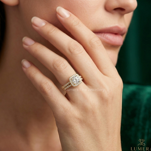 Anillo de compromiso de oro amarillo de 9K, 10K, 14K, 18K con diamante de laboratorio talla princesa y halo, de doble pavé, para mujer - Product Image 6