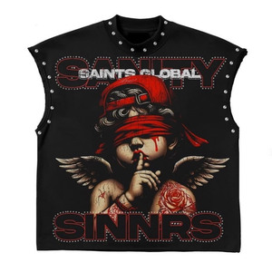 Camiseta sin mangas de algodón grueso con estampado gráfico DTG negro, logotipo personalizado, chaleco 100% algodón para hombre, corte holgado, estampada. - Product Image 1