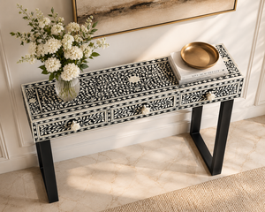 Bone Inlay <b>Console</b> <b>Table</b> Metal Legs Antique Midcentury Entryway Living Room Accent <b>Table</b> <b>for</b> Hotel Apartment - Product Image 3