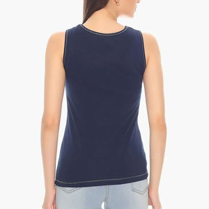 Women's <b>Navy</b> Blue 100% Cotton Knitted O-Neck Tank <b>Top</b> Casual Solid Color Regular Length Sleeveless Front Logo - Product Image 3