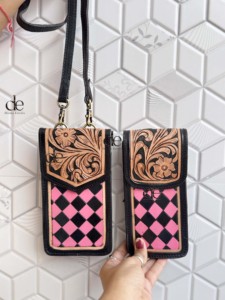 High Quality Phone Purse Handbag Hand <b>Tooled</b> Carving <b>Leather</b> Bag Big Size Bags Checkers Pattern <b>Pouch</b> Unique Designer Sling Bag - Product Image 4