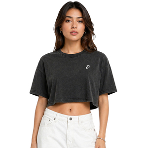 Y2K Washed Charcoal Gray Women's Shirts O Neck Plain Heavyweight 100% Cotton Loose Streetwear Crop <b>Top</b> Short Sleeve Custom Tee - Product Image 1
