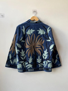 Cotton Velvet Suzani Embroidery Floral Pattern <b>Bomber</b> <b>Jacket</b> Handmade Bohemian <b>Vintage</b> Reversible Short Autumn Winter - Product Image 2