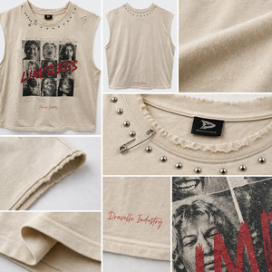 LIMITLESS Y2K <b>Studded</b> Muscle Tee Cream Oversized Grunge Sleeveless Tank Top with Face Graphic Streetwear - Product Image 6