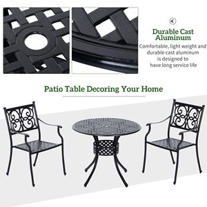 Tavolo da bistrot rotondo da esterno in alluminio pressofuso da 33 pollici con foro per ombrellone, tavolo da pranzo per patio, colore nero - Product Image 4
