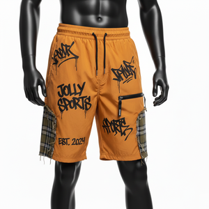 Pantalones cortos cortavientos de poliéster para hombre, color mostaza naranja, paneles laterales a cuadros, estampado serigrafiado, logotipo personalizado, pantalones cortos para hombre - Product Image 4