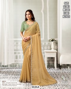 SILSILA <b>Black</b> Crape <b>Satin</b> Silk Saree With Embroidered Border Floor-Length Elegant Women's Wedding Wear Size S To XL - Product Image 2