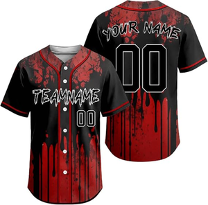 Camiseta de Béisbol Personalizada con Diseño de Goteo de Sangre, Uniforme de Equipo Negro y Rojo con Botones, Manga Corta Unisex - Product Image 1