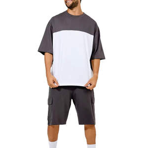 Conjunto de Camiseta y Pantalones Cortos de Algodón 100% para Hombre, Estilo Urbano de Dos Tonos, Atuendo Casual de Verano - Product Image 1
