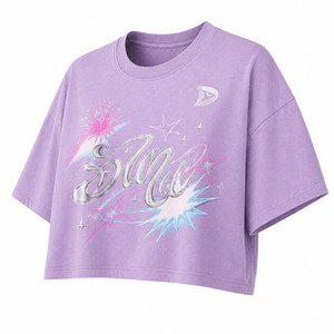 Camiseta Corta Morada Oversize para Mujer, Manga Tres Cuartos, Estampado de Estrellas, Cuello Redondo, Corte Holgado, Primavera Verano, Algodón Jersey - Product Image 5