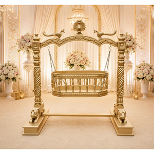 Traditional Modern Wooden Baby <b>Swing</b> Cradle for Baby Naming Ceremony Events Customizable Design Elephant Peacock Baby Palna - Product Image 1