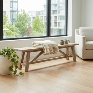 Solid Wood Long Dining <b>Bench</b> Modern Rustic A Frame Leg Natural Teak Style Wooden Entryway Seating <b>Bench</b> Home Living Furniture - Product Image 5